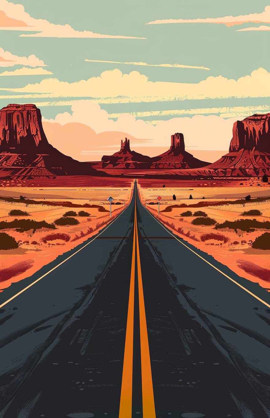 Travel poster, Route 66, desert road, modern illustration, simple, muted colors