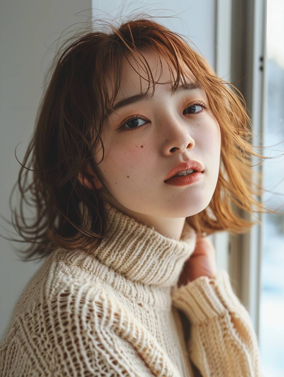 Cute Japanese fashion model, 18 years old, medium beige-brown hair, simple and elegant clothes, soft light, high quality, SLR. embarrassed grin.