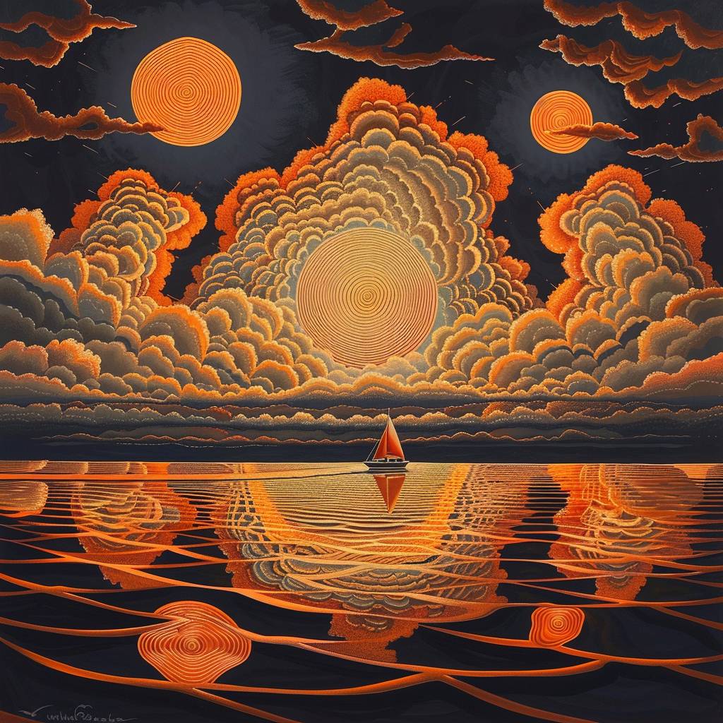 Dot-shaped style, sunset, orange sun, clouds, five rotating circles of clouds in a large sky, dot-shaped waves, and orange yellow sunset clouds reflected on the waves, one boat is going out to sea, in the style of detailed dreamscapes, light black and orange, painted illustrations, dreamscape portraiture, skillful lighting, precisionist art, whimsical cartoonishness