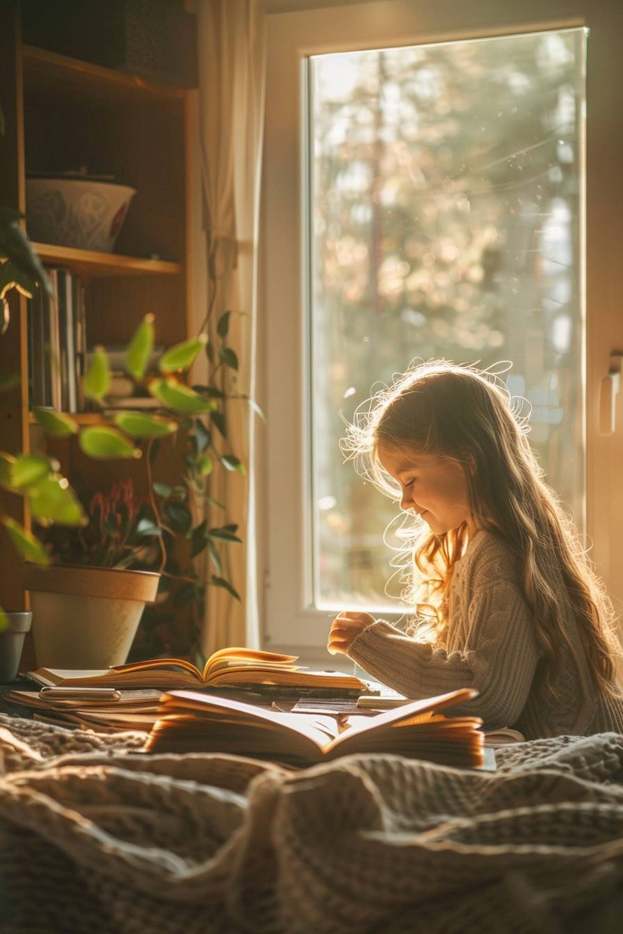 A photograph of a child reading a book at her desk by a window, smiling. Happy. Golden hour. Bedroom.