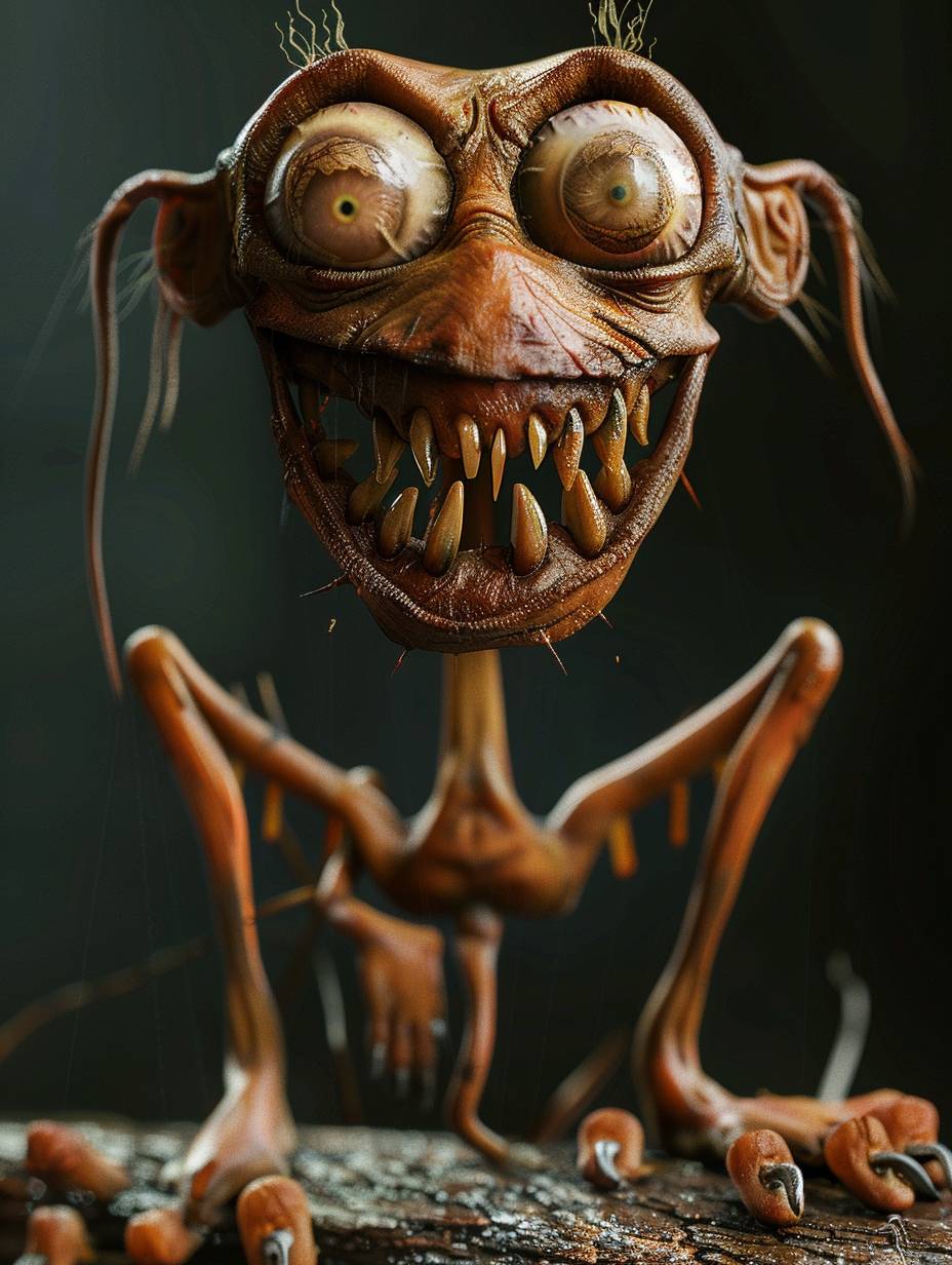 Character design for a humorous horror movie, creepy face and big teeth, 3D render in the style of Octane Render, ZBrush character design, crazy feet, shot against a dark background