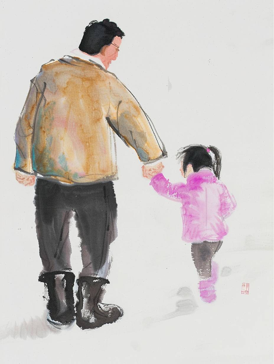 Chinese painting in the style of Wu Guanzhong, ink artistic conception, Dad holding his little daughter's hand, close-up ,white background, colorful, simple composition, Chinese brush strokes, large areas left blank, rice paper texture --no logo,watermark,autograph --ar 3:4 --style raw --stylize 1  --v 6.0.