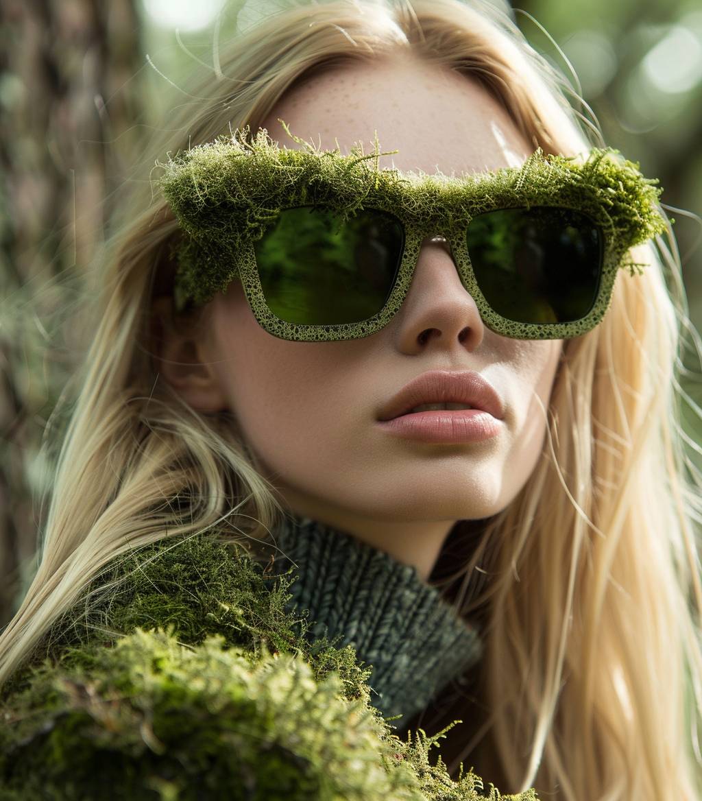 Fashion sunglasses designed from plant moss, street wear style, urban elegant and bio-made, worn by a blonde woman with long hair, focus on the flagship piece, natural environment, high resolution 3D conceptual visualization.