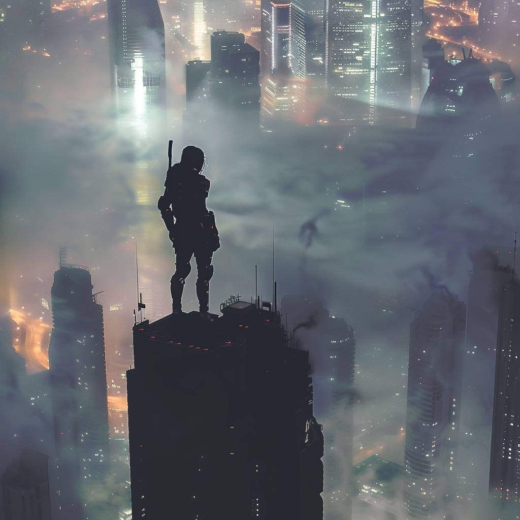 霧やヘイズで包まれた未来的なディストピアの都市の空を見下ろす戦士のシルエットが立っている懸崖に--ar 2:3  --v 6.0