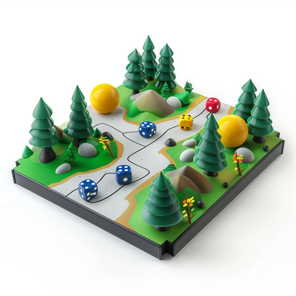 A board game resembling a Simulation game, 3D illustration minimalistic, plain white background