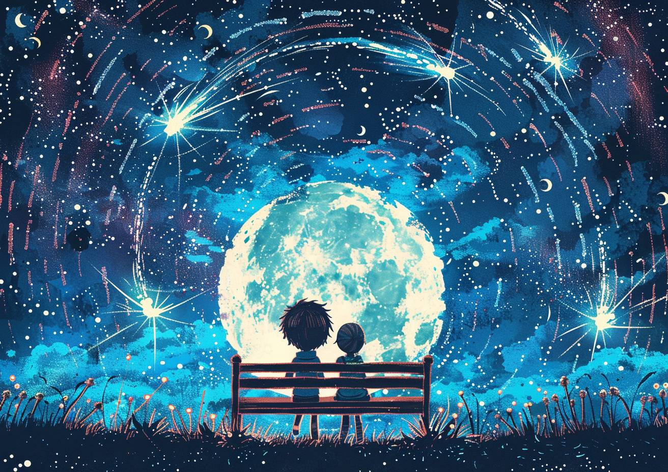 A couple silhouetted, sitting on a park bench, night sky, Milky Way, shooting stars with comet tails, tenebrism, jagged black border, strong visual flow