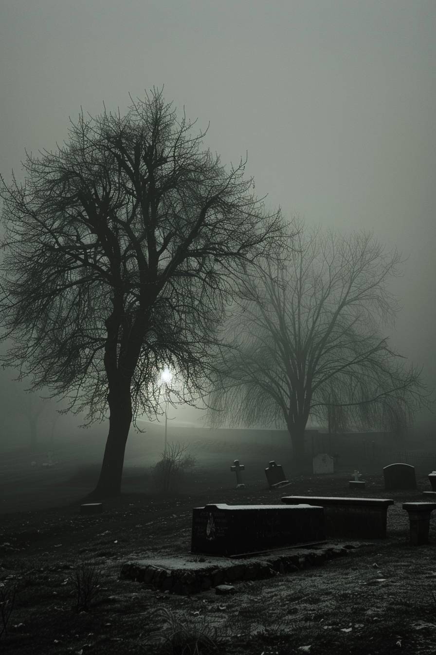 In the style of Akos Major, a haunted graveyard on a foggy night