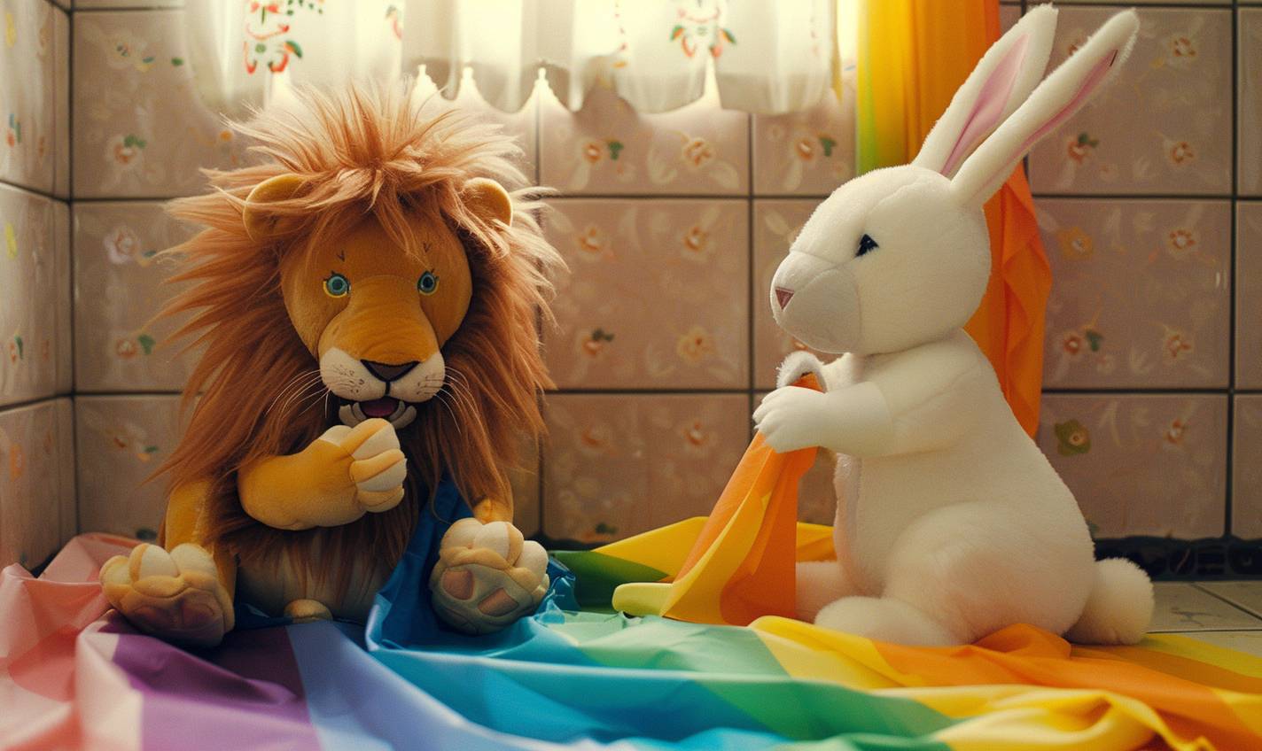ライオンとウサギのぬいぐるみが楽しそうに虹色のトイレットペーパーで遊んでいます！