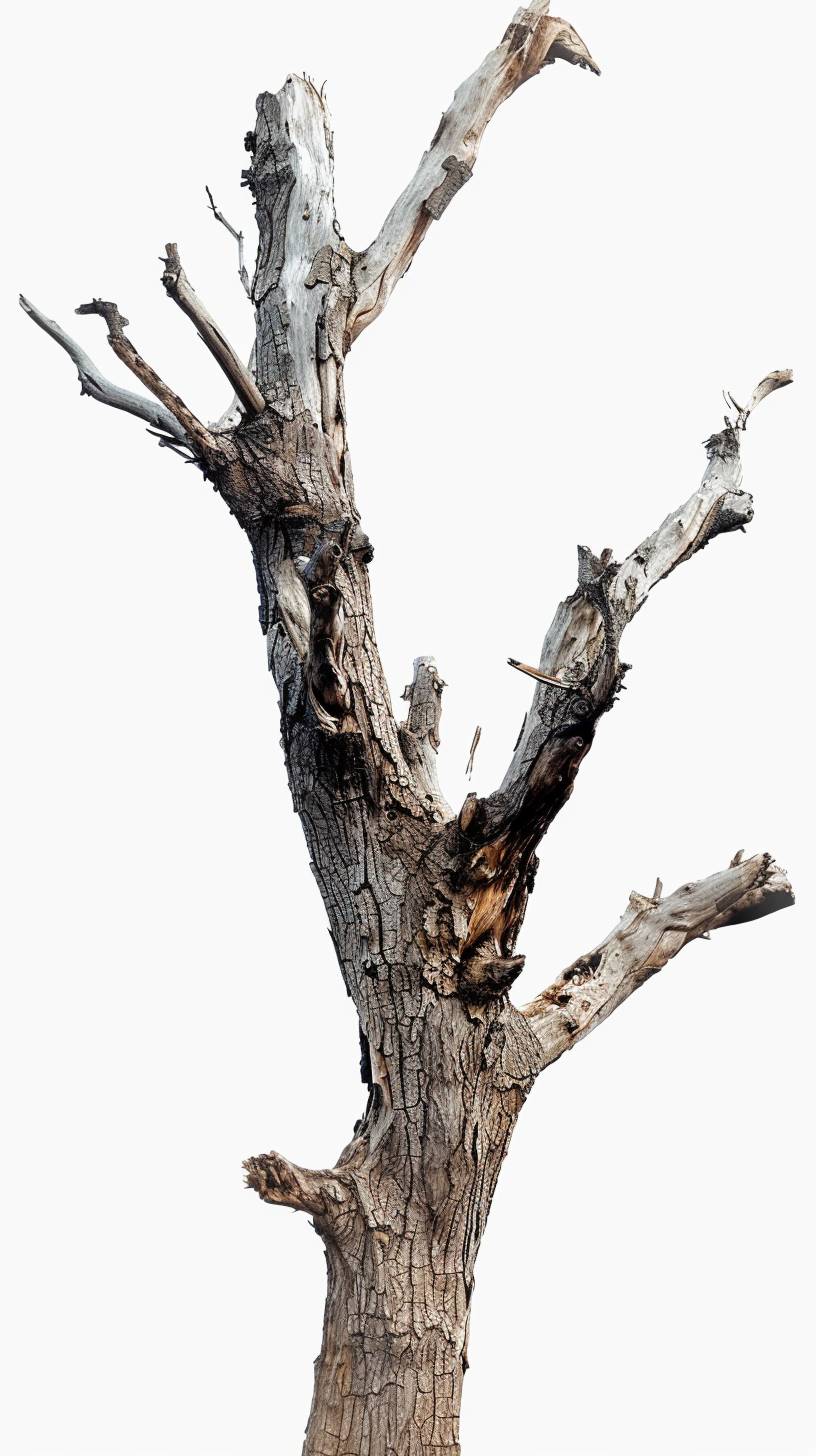 Dead tree branch, photorealistic, dramatic lighting, trunk texture, stock photo, centered, shot from the front, white background