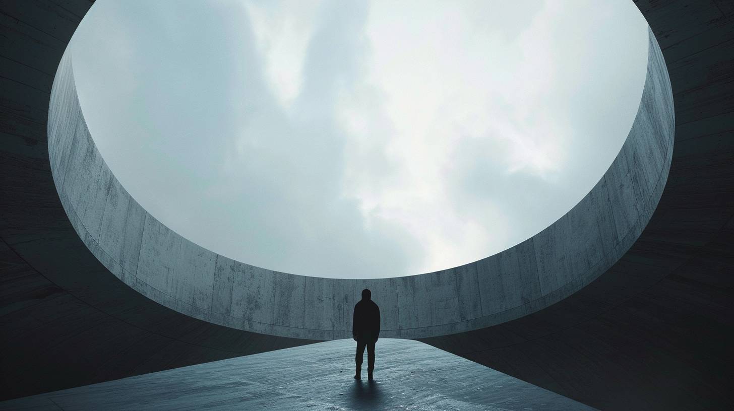 A man walking into to void, a dark hole in the air, low-angle shot from below, in the style of sci-fi spectacle, gothcore, Nadav Kander, atmospheric installations, intricately sculpted, calm and meditative, movie still, photo taken with Sony a7s III --ar 16:9 --style raw  --v 6.0