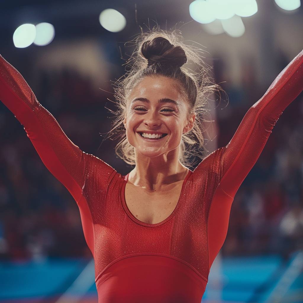 オリンピックゲーム中に、ボランティアが朝早く、平衡木で完璧な演技を祝う女性体操選手。彼女が勝利を祝うように嬉しそうに微笑む。ニコンD850 DSLRスタイルで撮影された写真。フォトジャーナリズムスタイルの写真、ハイパーリアリズム、クリーンなシャープフォーカス --v 6.0
