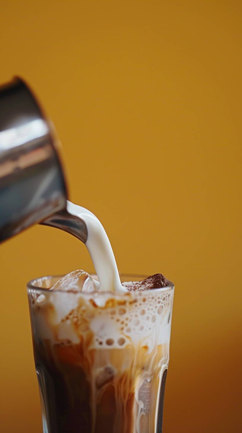 A close-up of milk being poured from a small stainless steel milk frother jug onto an iced coffee. The background is a yellow wall, and it's bright daylight. The image style is modern and minimalist, yet it looks refreshing and appetizing.