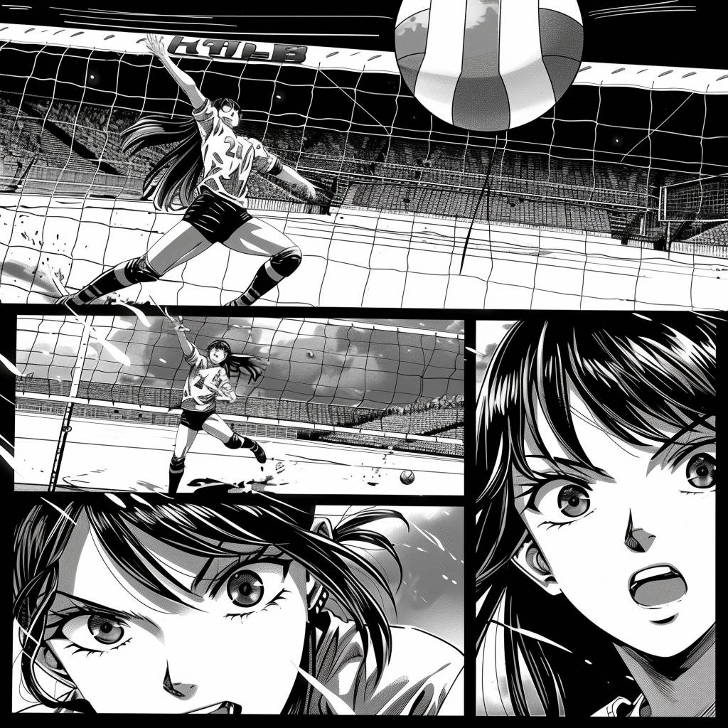 A comic book page with panels of a volleyball player in action, anime style, black and white manga. Each panel shows more action as she serves, sets, and spikes the ball.