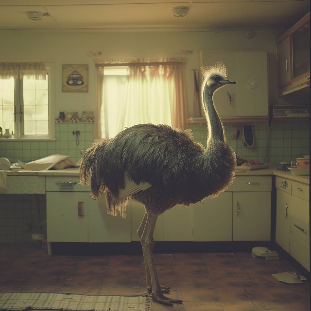 A slow cinematic push in on an ostrich standing in a 1980s kitchen.