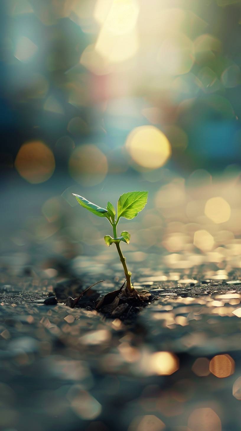 A photorealistic close-up of a green plant sprouting through a crack in the pavement. The tender leaves and stem contrast with the rough texture of the concrete. Soft and warm lighting symbolizes hope and resilience. The background is blurred, focusing attention on the plant's growth. Created Using: high-resolution digital photography, macro lens, natural lighting, realistic textures, vivid details, hd quality, natural look