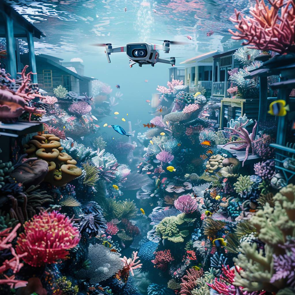 FPV flying through a colorful coral lined streets of an underwater suburban neighborhood.