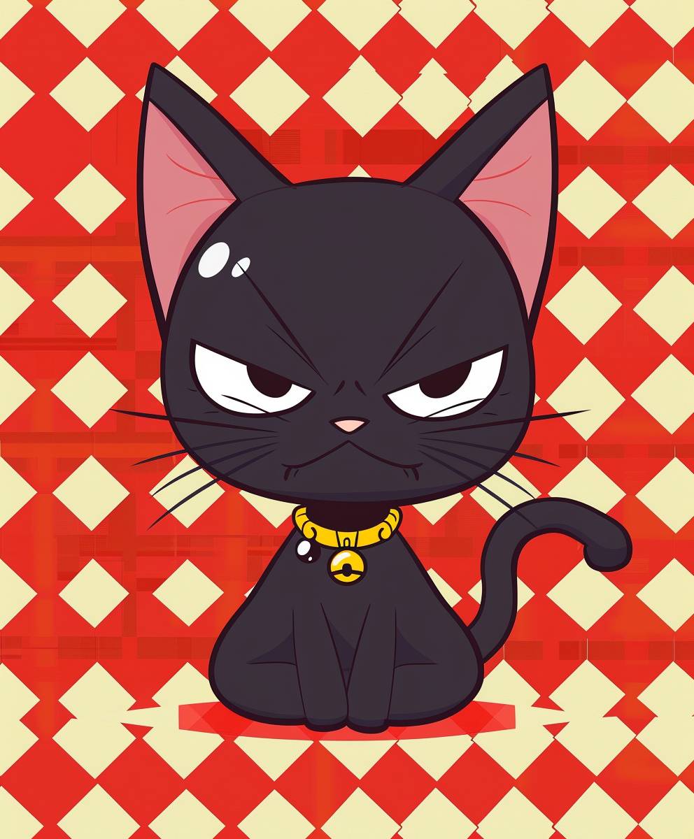 赤と白のチェック柄の背景に、怒っている表情を浮かべた可愛らしい黒猫が、カートゥーン風の金のネックレスを首に巻いています。絵のスタイルはシンプルで、ちびキャラクターデザインとステッカーアートのようなシンプルな線で描かれています。グリッドパターンの右側に配置されています。
