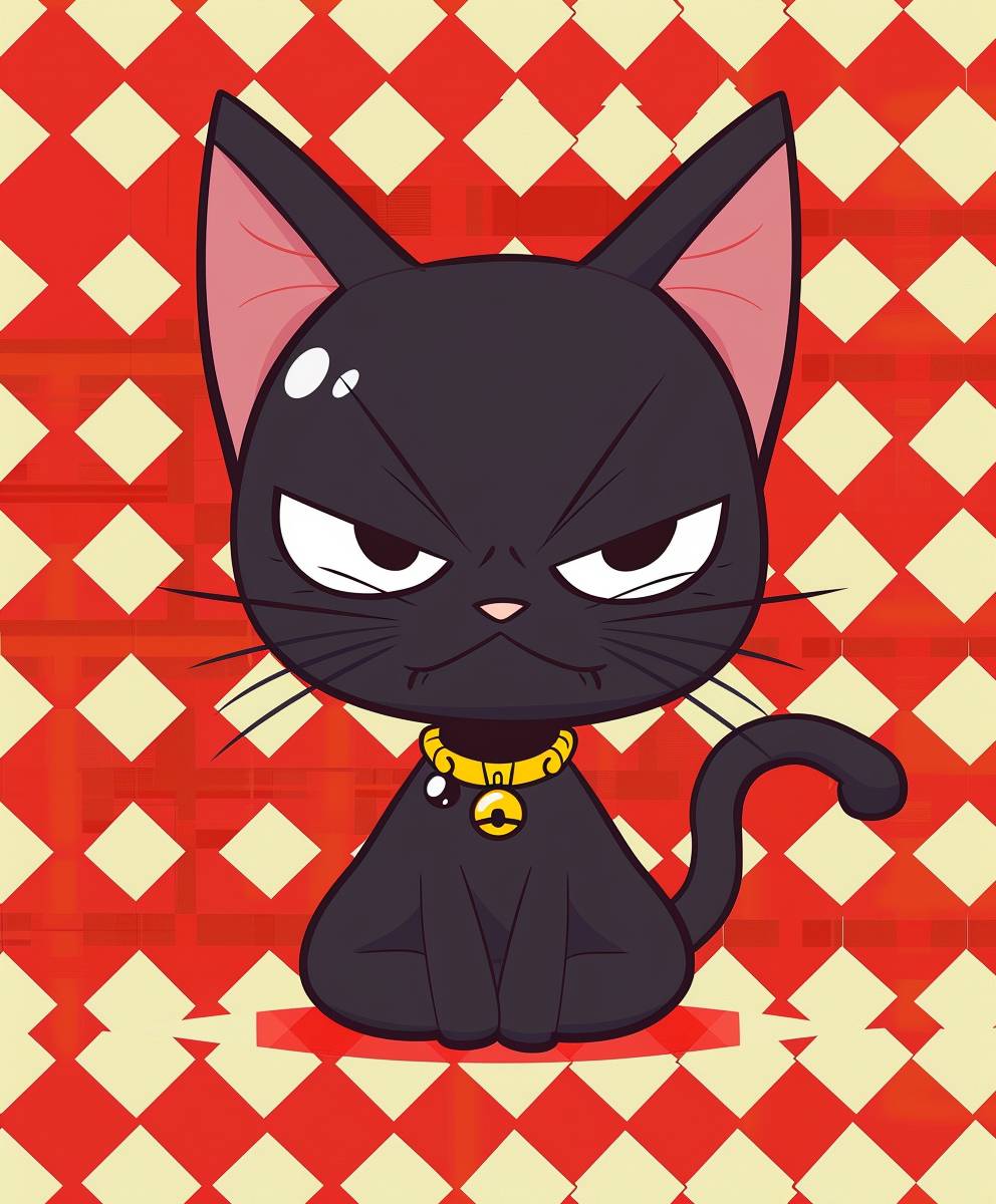 A cute black cat with an angry expression on a red and white checkered background, wearing a gold necklace around its neck in the style of a cartoon. The drawing style is simple with a chibi character design and simple lines like sticker art on the right side of a grid pattern.