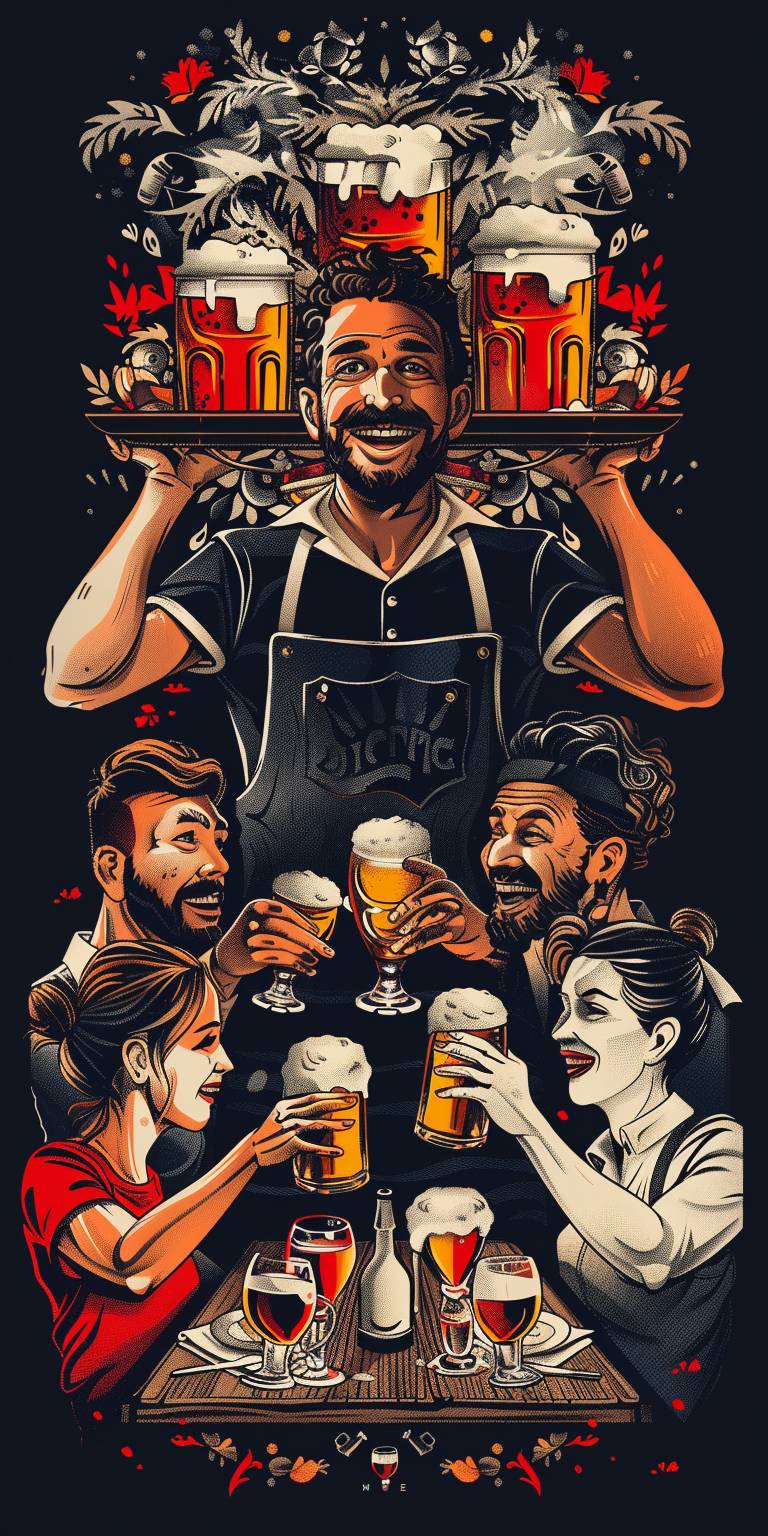 Front view of a happy cool waiter wearing an apron, lifting a tray with beers on top, surrounded by a group of happy people having a great time holding their drinks, detailed design with limited color palette, designed for fabric printing, black background