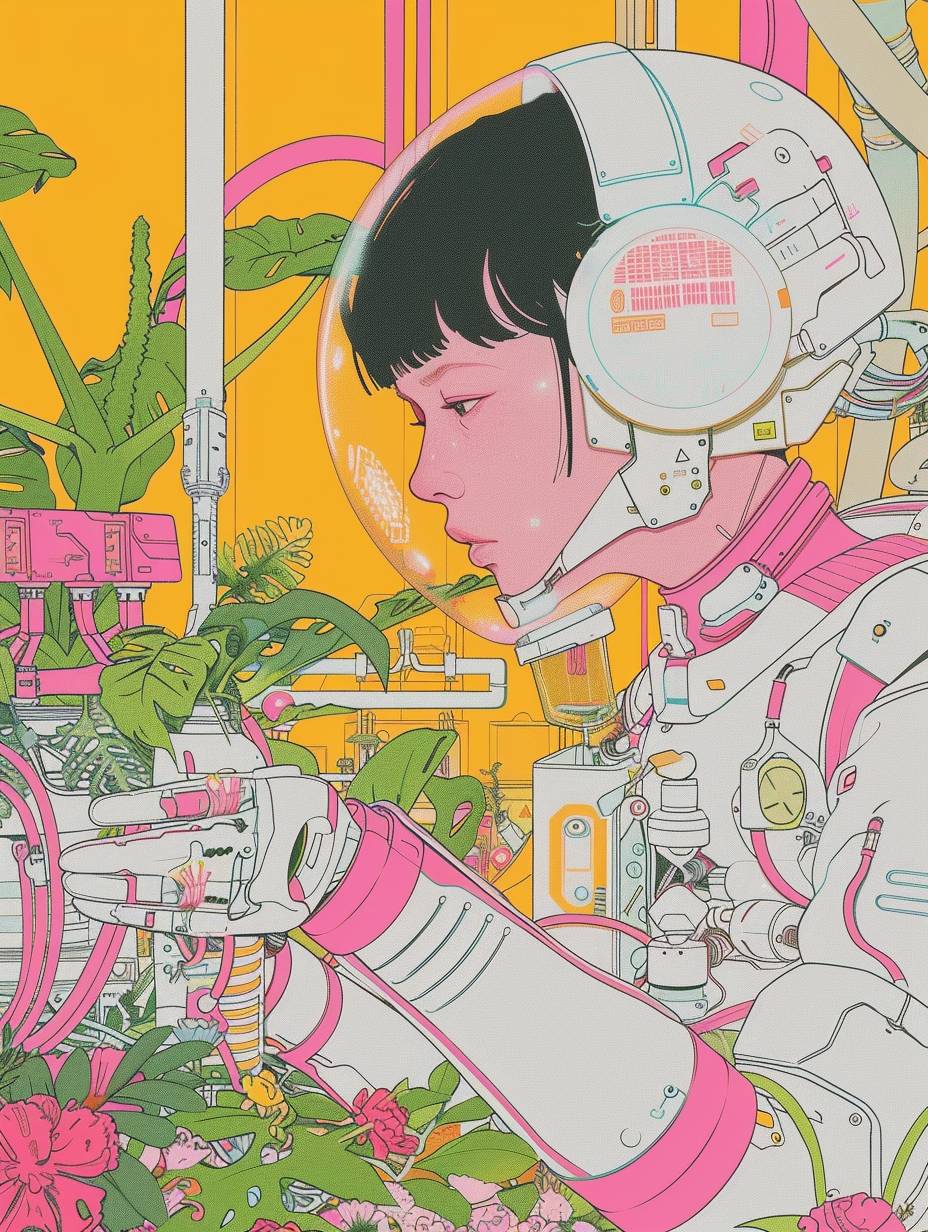 リソグラフのグラフィック小説のコンセプトアート、ペールポップシュールレアリズム、未来の宇宙船の解釈、内部はピンク、イエロー、テラコッタで、すべてが非常に有機的で透明な回路と植物の作業ステーションが絡み合っていて、大きなガラスポットの中の植物が見えます。美しい白いサイボーグの女性(茶髪のショートヘア)が、花と絡み合った白い電子スーツを着て植物の世話をしています。機械的リアリズム、人間のつながり、ギリシャ神話の主題を取り入れたスタイルで、淡いピンク、黄色、スカイブルー、白色が使用されています。