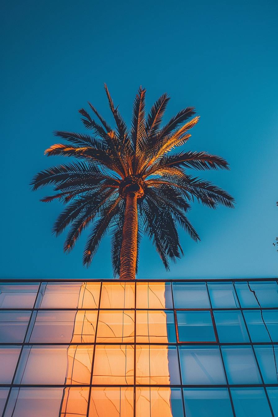 Urban atmosphere with palm trees, minimalist photo, blue hour