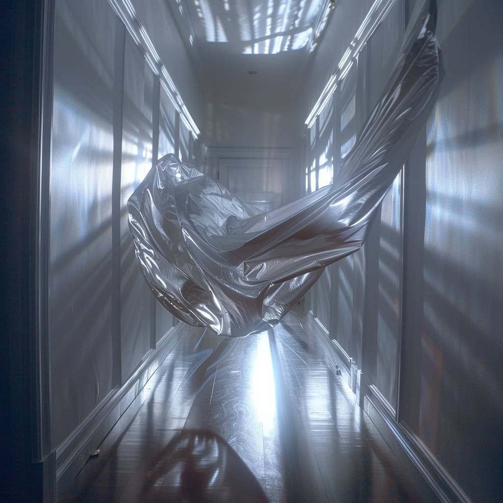 Hyperlapse shot through a corridor with flashing lights. A silver fabric flies through the entire corridor.