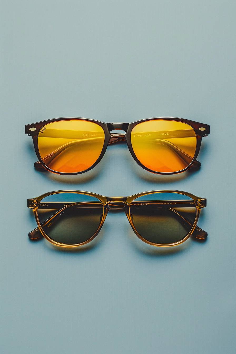 A photo of 3 different styles of sunglasses with yellow tinted lenses on a plain grey background