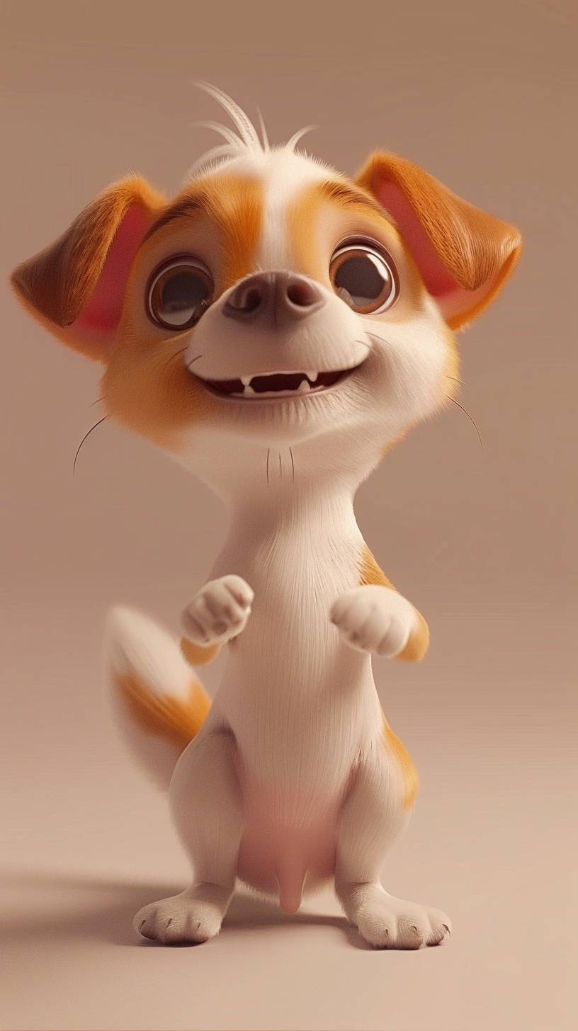 3D animation style. An adorable and happy dog standing on its hind legs like a human. It's smiling with beautiful eyes, front and hind legs slightly apart. Background is plain.