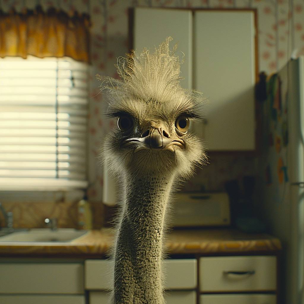 A slow cinematic push in on an ostrich standing in a 1980s kitchen.