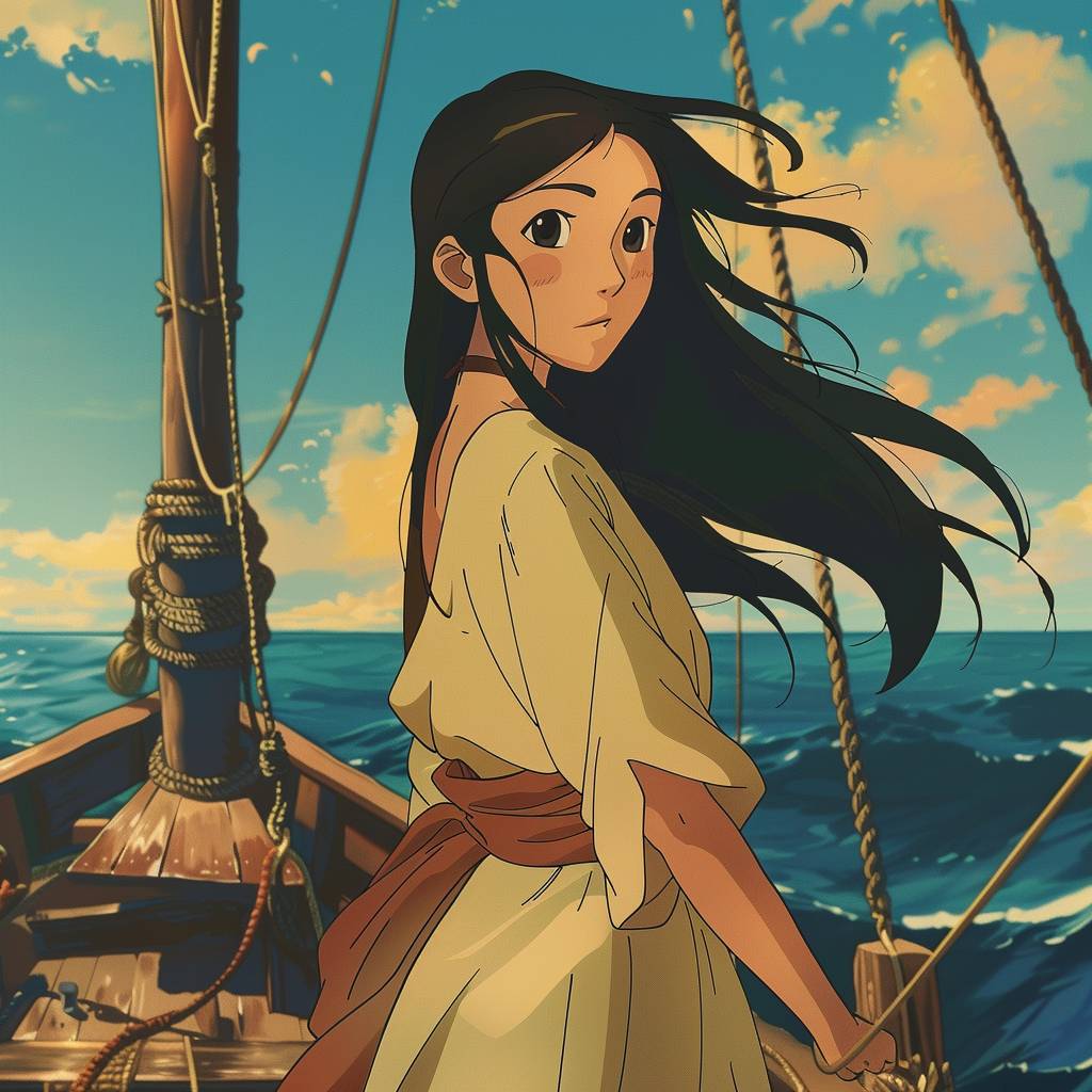 A Japanese animated film of a young woman standing on a ship and looking back at the camera.
