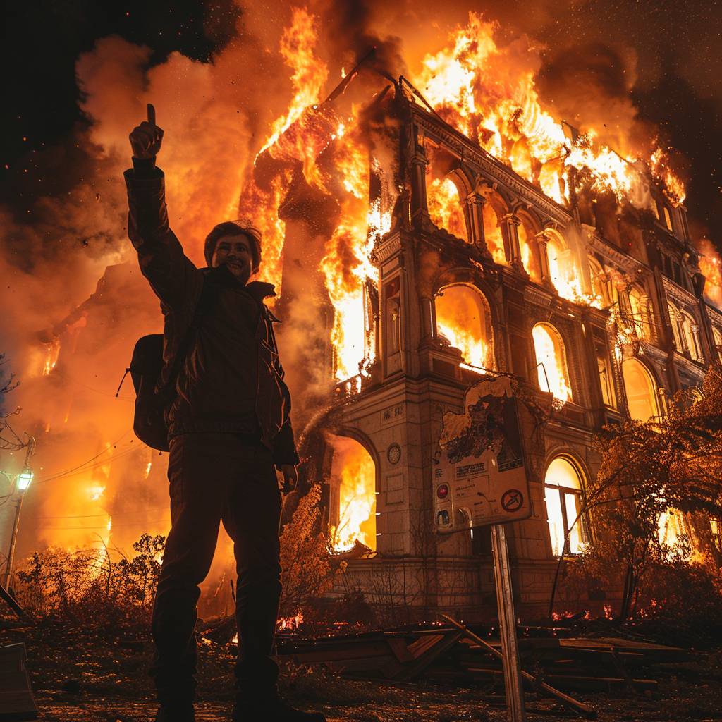 A man standing in front of a burning building giving the 'thumbs up' sign.