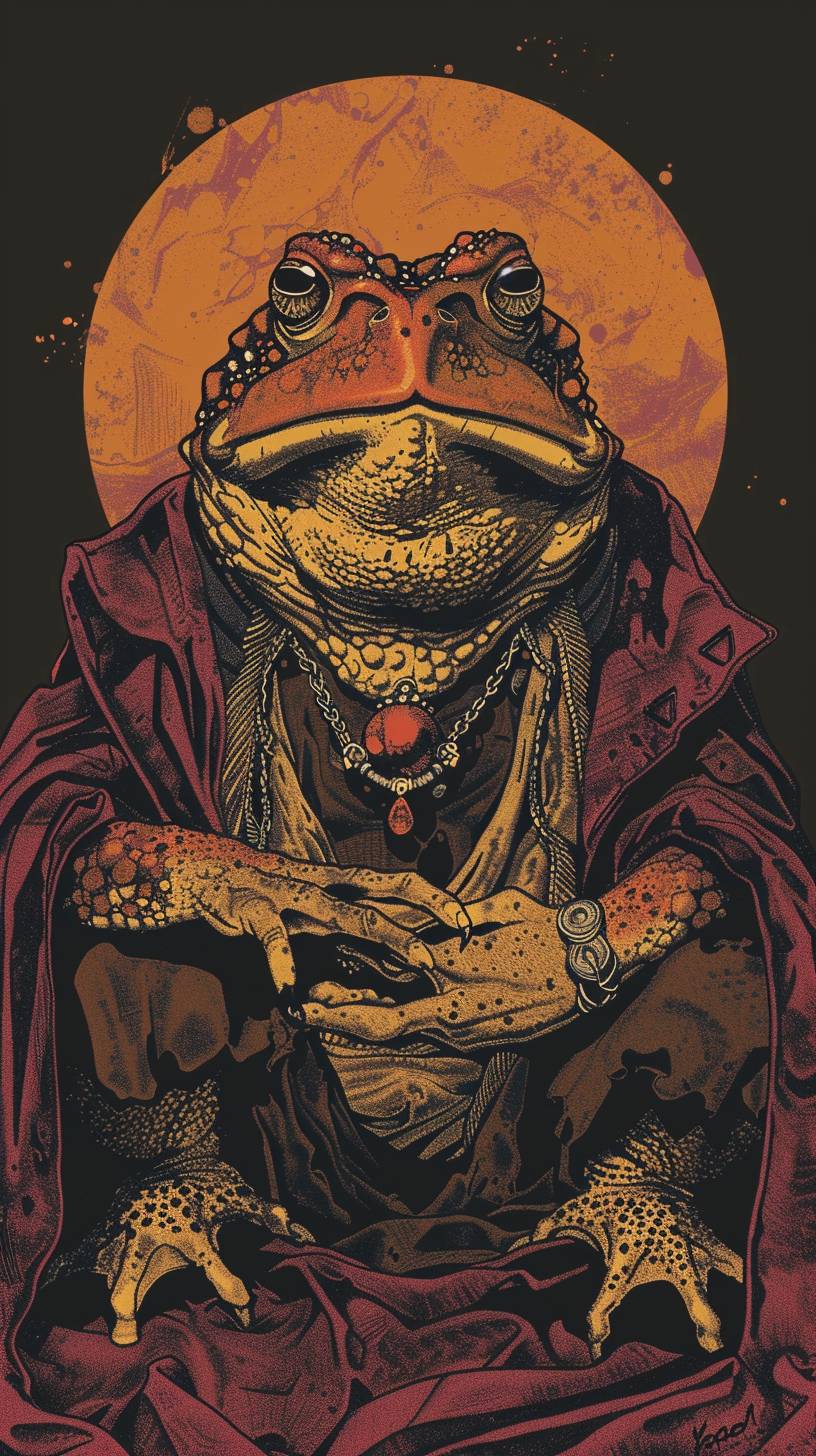 A medieval toad wizard in the style of Moebius, dark fantasy illustration in the style of Gerald Brom and in the style of Francesco Francavilla. Dark orange, dark red, yellow, brown color scheme.