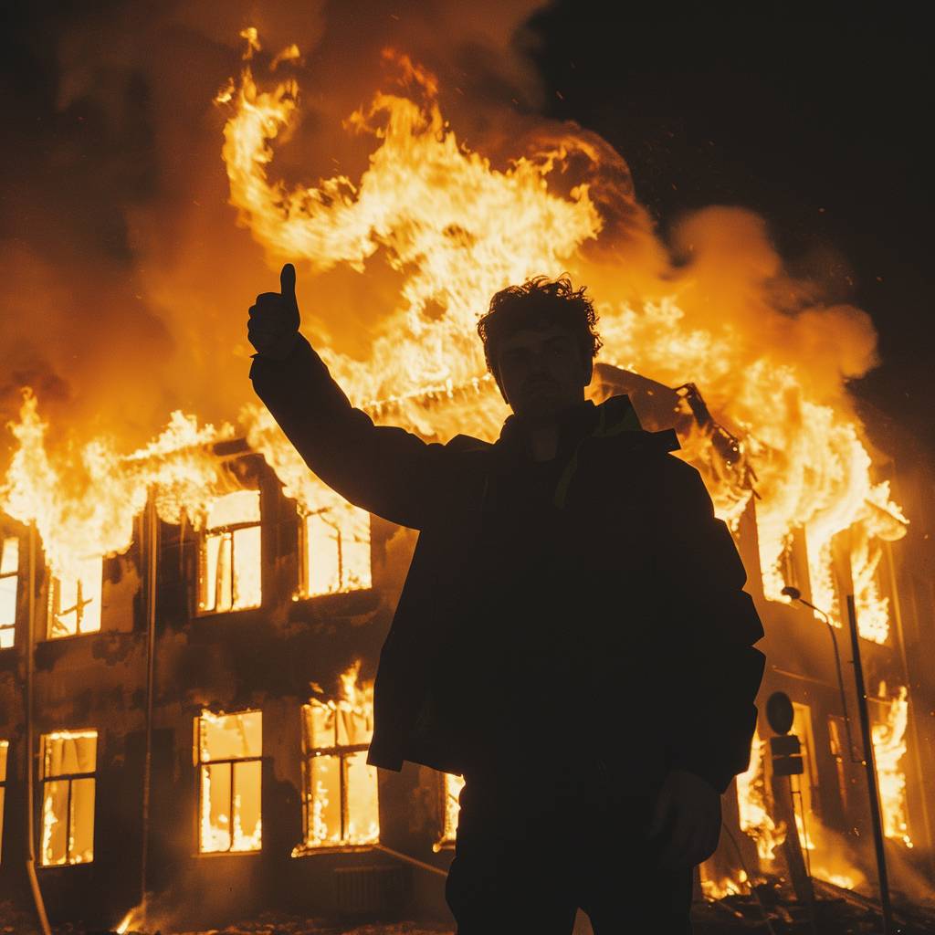 建物が燃えている前で‘グッドサイン’を送っている男性。