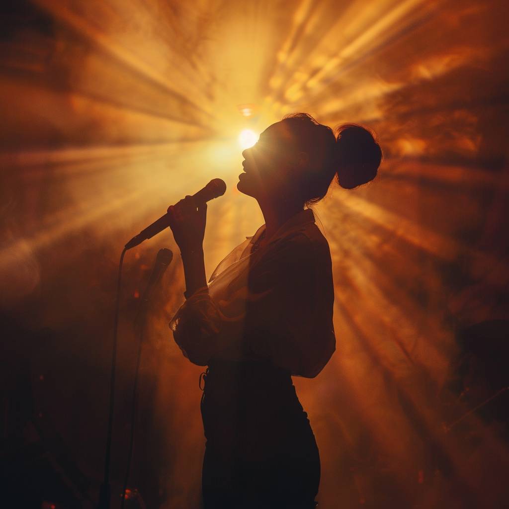 女性が歌いながら、明るい光のあるコンサートステージに立っています。