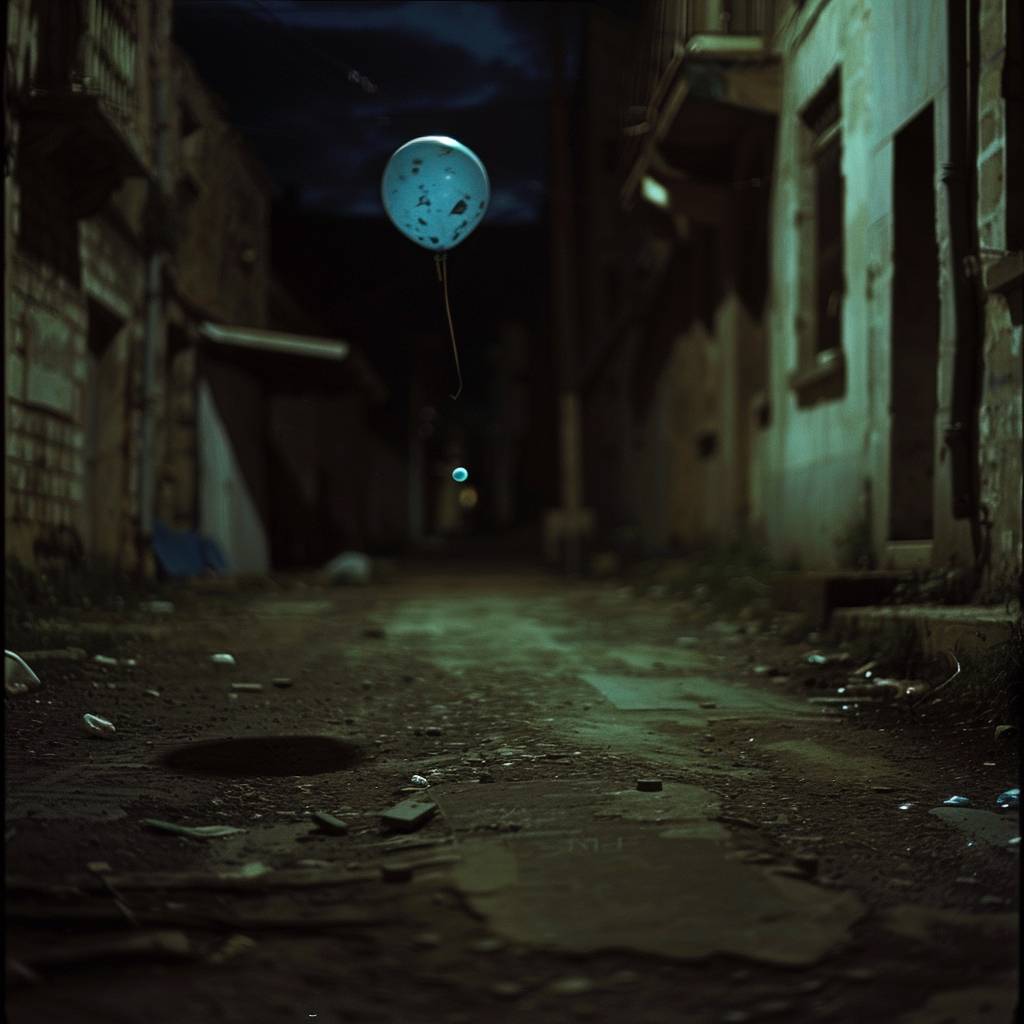 夜、手持ち撮影、脏な青い風船が古びたヨーロッパの通りを浮遊している様子を追跡。