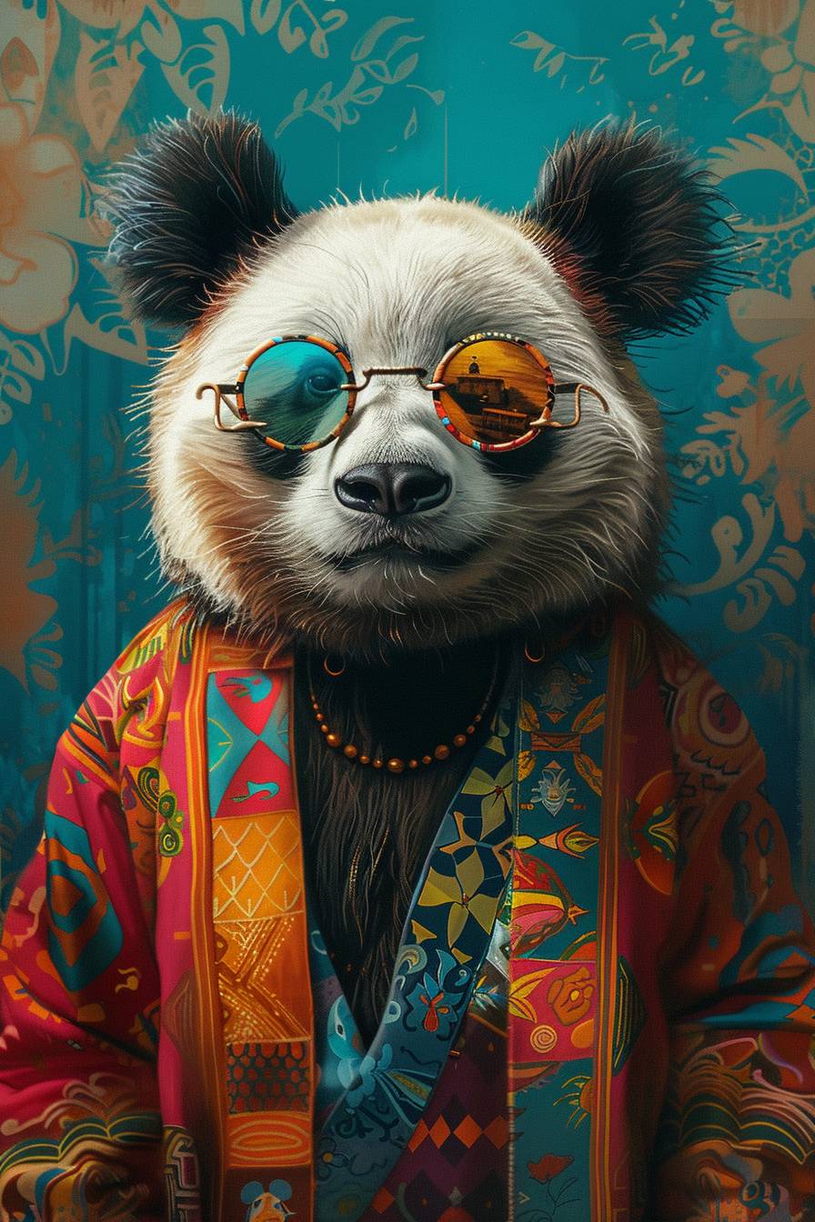 A stylish hippie panda in a vibrant portrait, patterned sundress and sunglasses