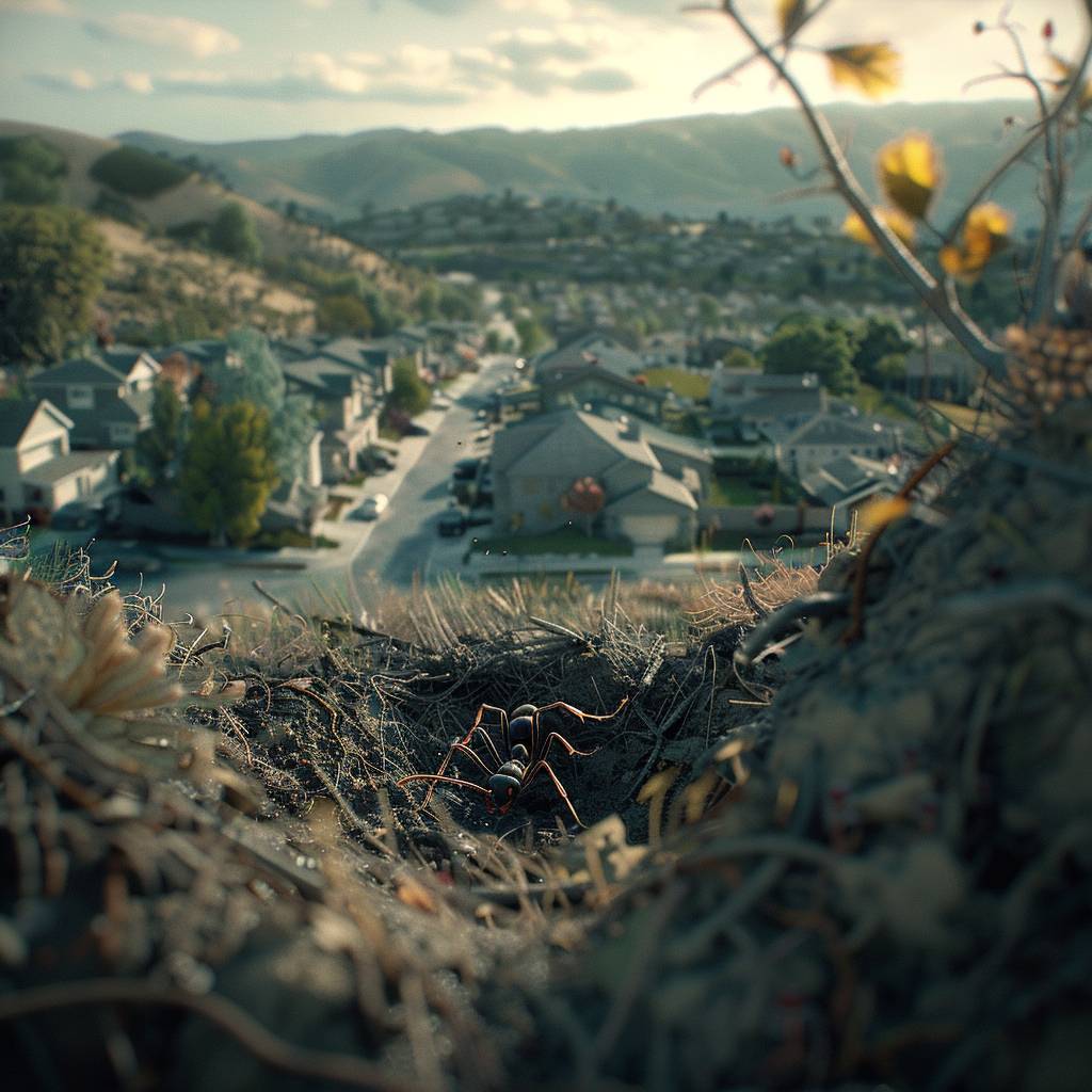 An extreme close-up shot of an ant emerging from its nest. The camera pulls back revealing a neighborhood beyond the hill.