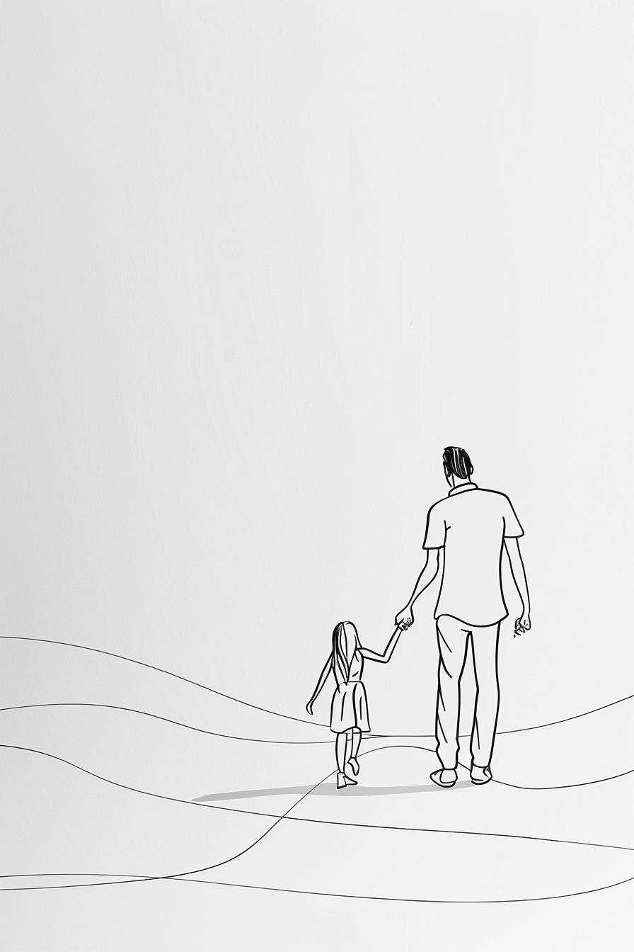 父と娘が手をつないでいるシンプルな一筆書き、単一の連続した黒い線、白い背景