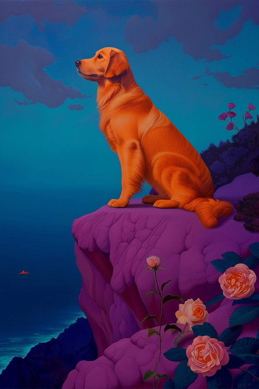 ゴールデンレトリバーの子犬を愚者のタロットカードとして描いた絵。海を見下ろす断崖の端に立ち、幸せそうな表情で歩みを進める姿。白いバラ、ネオングリーン、虹。