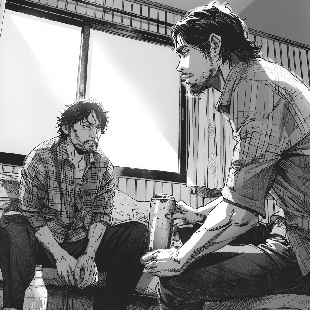 In the living room of Cooper's house, Cooper sits on the sofa, his expression heavy. Donald, in a plaid shirt and jeans, walks over and hands him a beer. The warm light illuminates their faces as they discuss the difficult choice Cooper faces, between his responsibility to his family and to humanity.