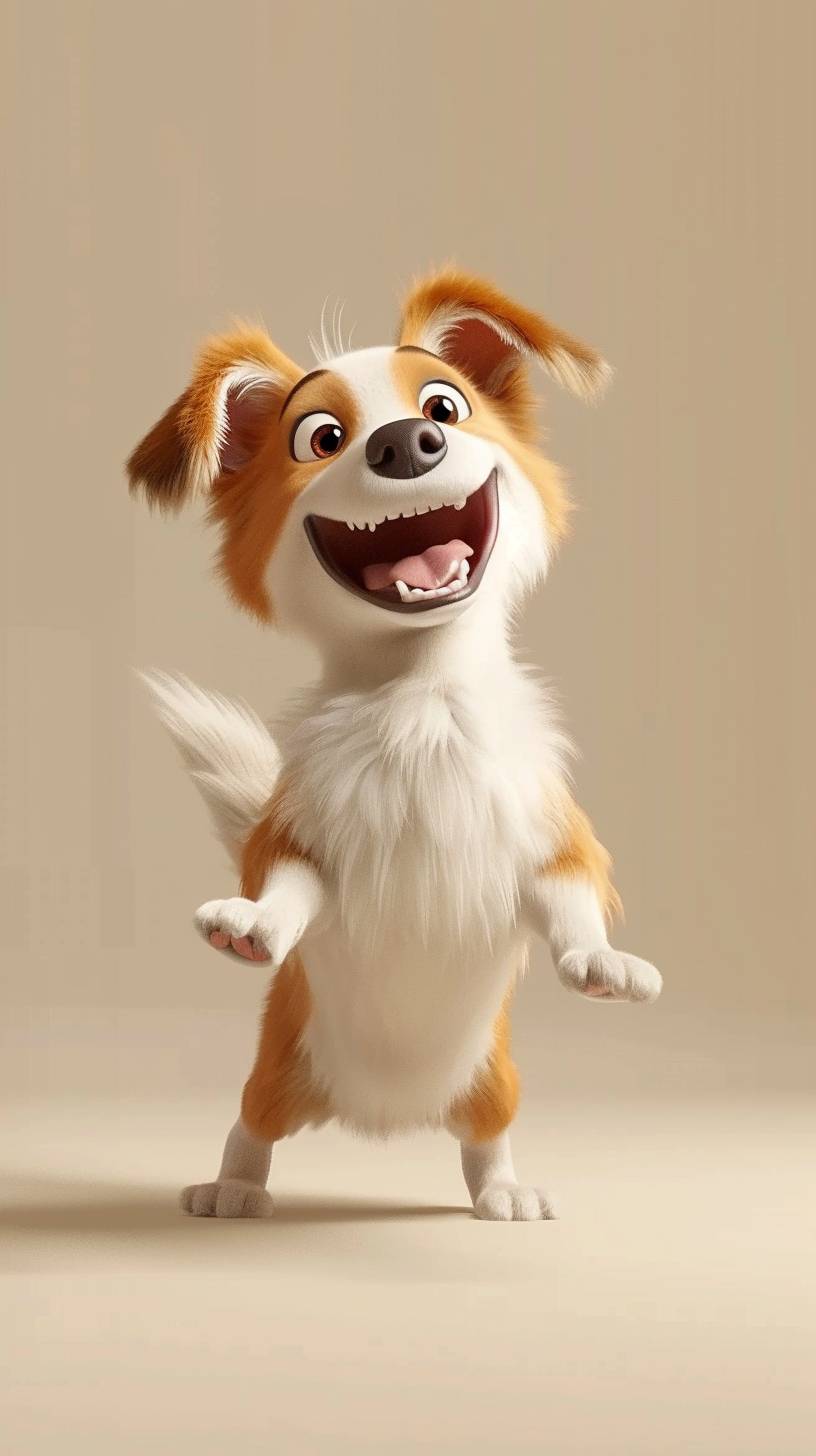 3D animation style. An adorable and happy dog standing on its hind legs like a human. It's smiling with beautiful eyes, front and hind legs slightly apart. Background is plain.