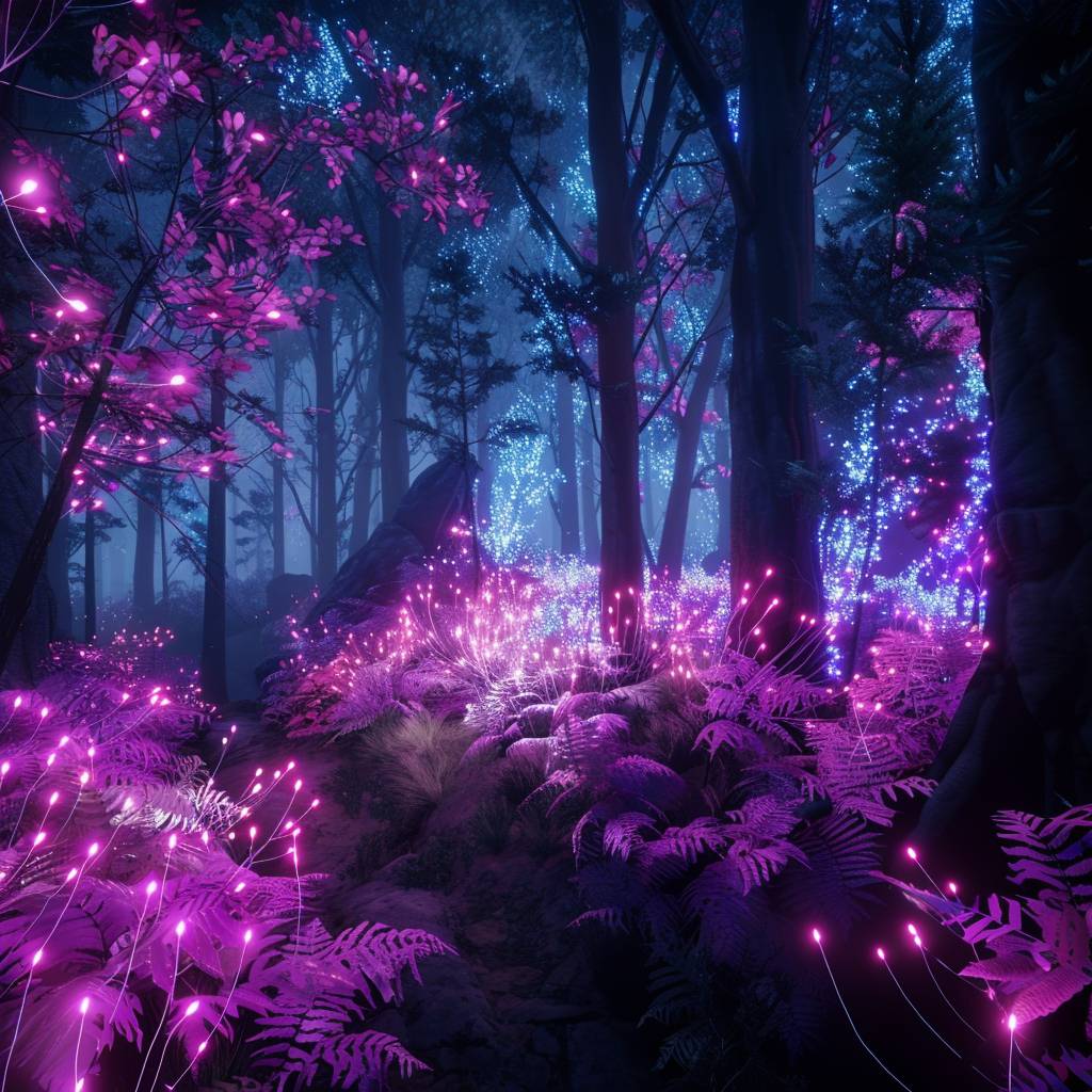 Zooming through a dark forest with neon light flora lighting up.