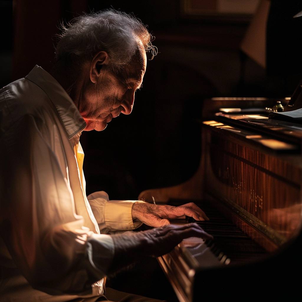 横から光が当たっているピアノを演奏している年配の男性。