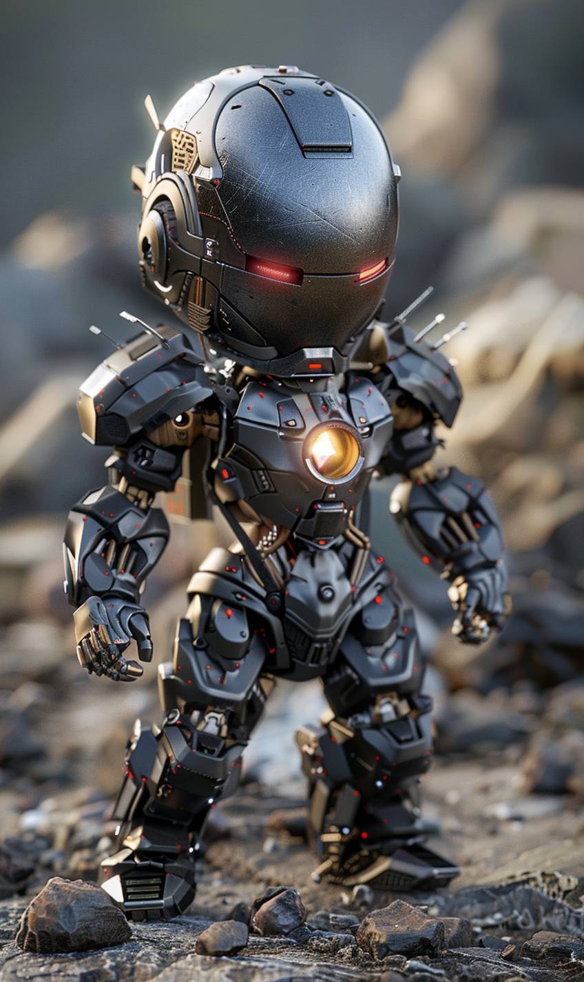 A robotic chibi [SUBJECT] in an action pose, in the style of Vray tracing, with hyper-realistic details, superhero-like spiky mounds, Unreal Engine, realistic human figures