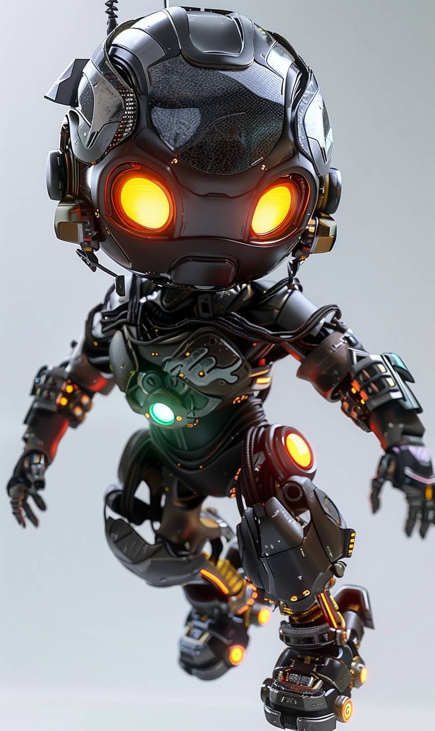 A robotic chibi [SUBJECT] in an action pose, in the style of Vray tracing, with hyper-realistic details, superhero-like spiky mounds, Unreal Engine, realistic human figures