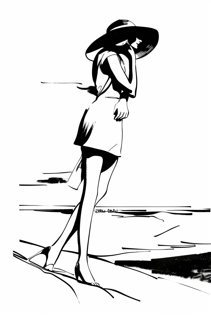 ジャック・プレヴェールのイラストアート、1930年のビーチでのイラスト少女、1930年代、線画、シンプルな白い背景