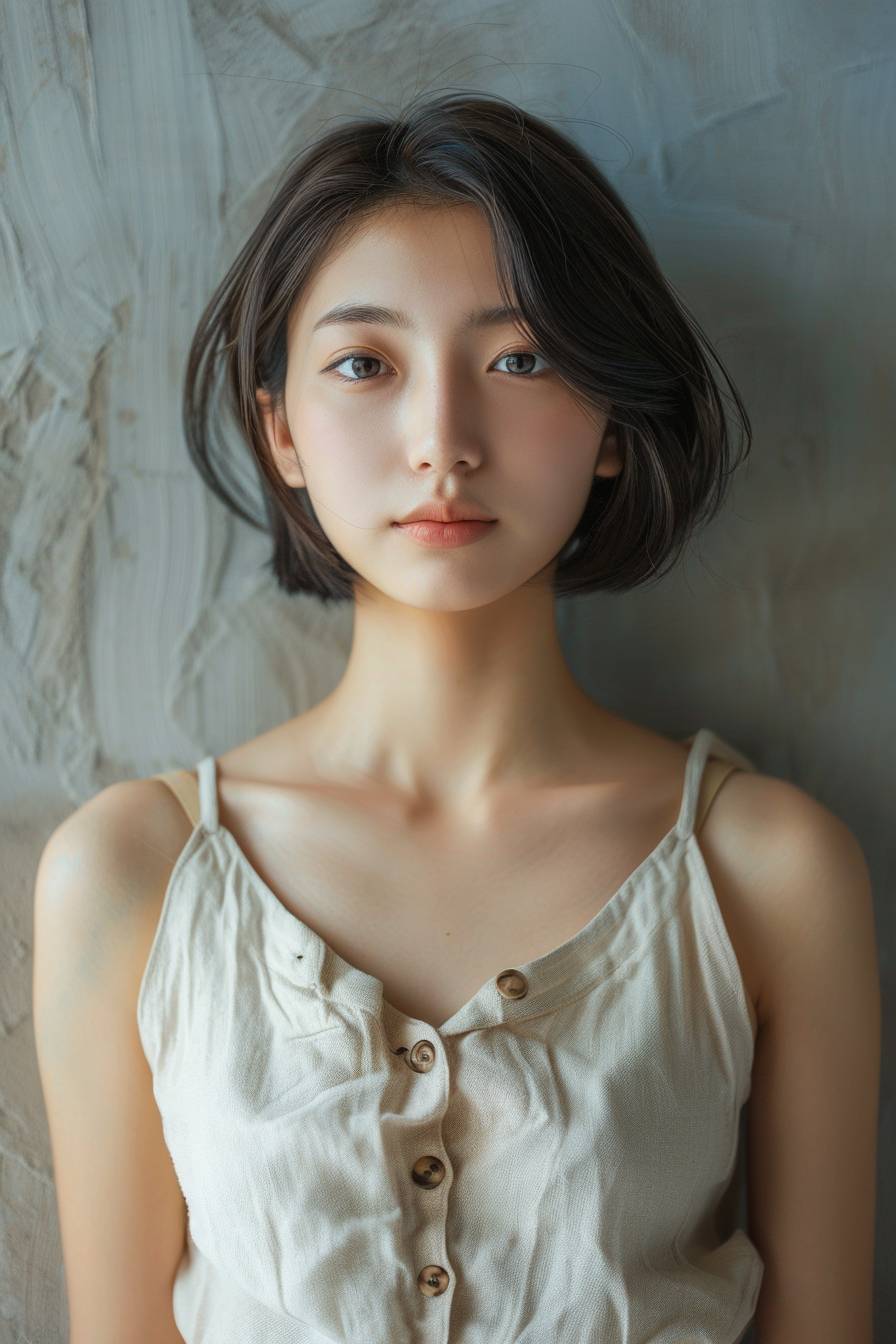 An Asian young girl with short hair is wearing linen clothes, the best fabric for the summer wardrobe. It is a front half-length photo with a photorealistic quality of 1.5