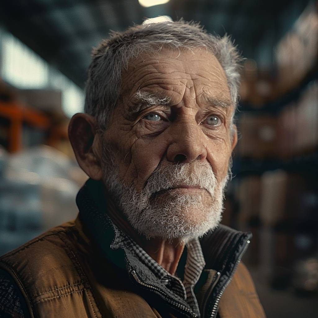 A close up of an older man in a warehouse, camera zoom out.