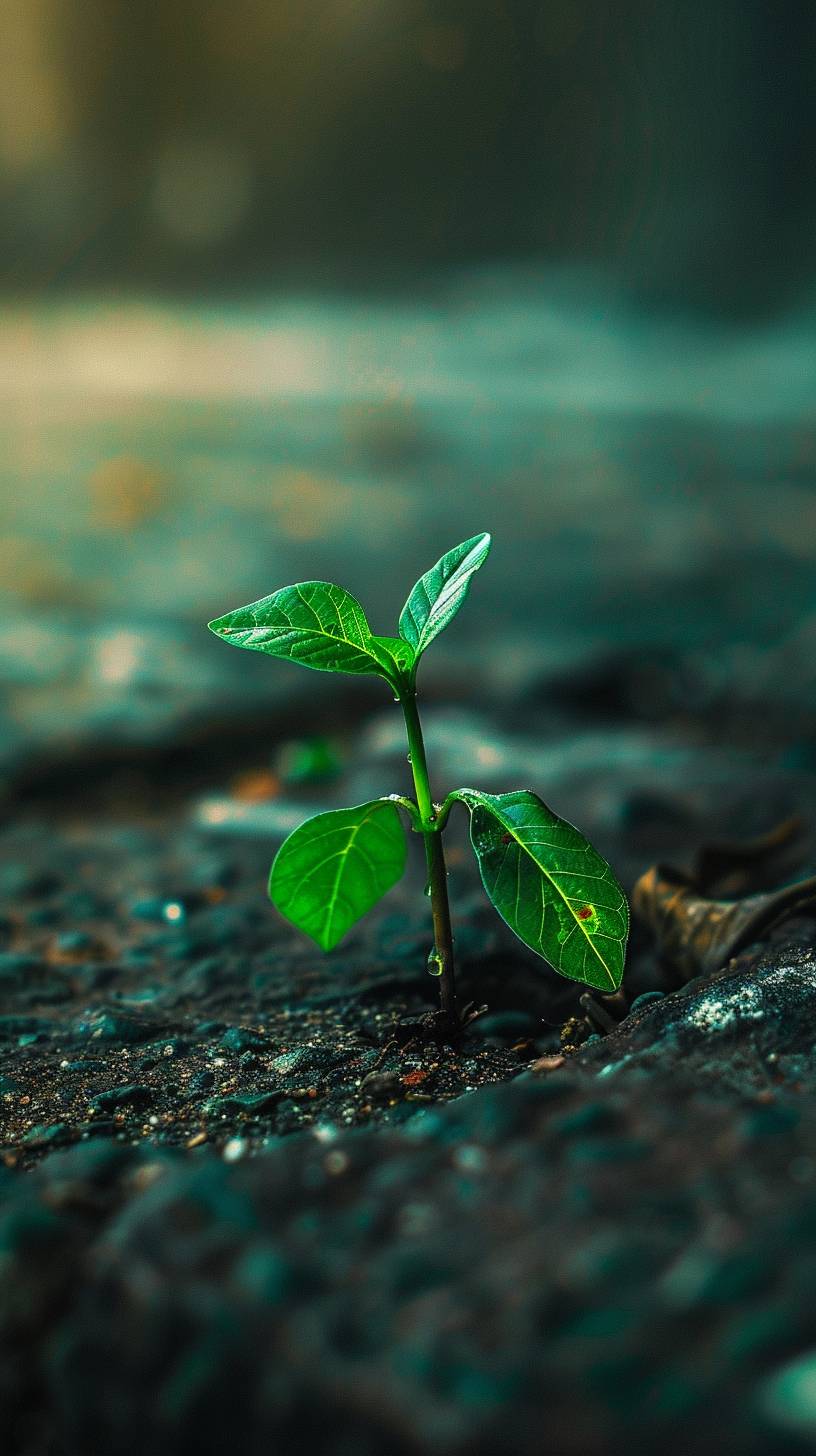 舗装道路の隙間から新緑が生える植物のアップクローズ写真です。柔らかな光に照らされた優しい葉と茎がコンクリートの粗い質感と対照をなしています。背景はぼかされ、植物の成長に焦点が当てられています。使用ツール：高解像度デジタル写真、マクロレンズ、自然光、リアルな質感、鮮やかなディテール、HDクオリティ、自然な外観