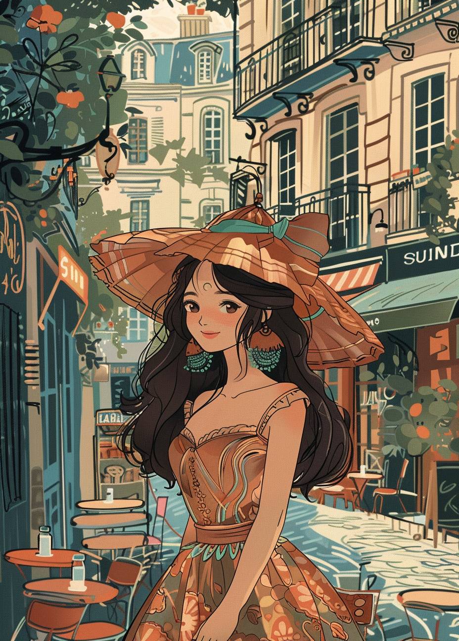 This is a cover illustration of a picture book in the style of Alphonse Mucha, depicting European streets in summer, a girl's daily life, cute, and colorful.